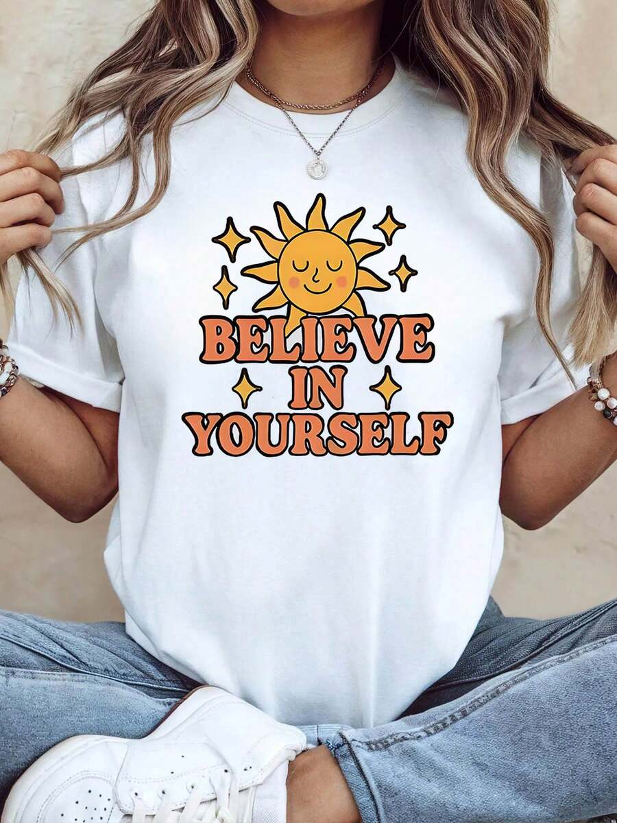 1 camiseta de mujer con temática de confianza, de manga corta casual, con estampados de sol sonriente y estrellas, color naranja-marrón-rojo, primavera/verano, diseño de dibujos animados, 180g 100% algodón. - Blanco - Ver 1