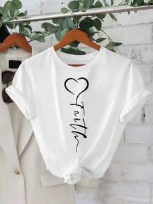 1 camiseta de mujer 100% algodón con estampado geométrico de corazón y la palabra "faith" - tela ligera y transpirable de 180g, top casual de manga corta y cuello redondo, adecuada para uso diario y fiestas de verano, lavable a máquina, 100% algodón de 180g. - Blanco - Ver 11
