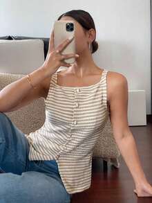 Blusa elegante sin mangas con botones delanteros y estampado de rayas para mujer - Albaricoque - Ver 4