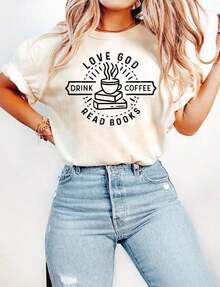 Camiseta "Ama a Dios, Bebe Café,  Libros", Regalo para Amantes de los Libros y del Café, Camiseta Casual de Manga Corta de Talla Grande para Mujer, Camiseta "Día del Vaino" para Parejas, Regalo Festivo, Camiseta de Algodón 100% de 220G de Peso Pesado. Con estampado de mariposas, adecuada para niñas y mujeres, camiseta inspiradora de manga corta y cuello redondo, top de verano de estilo estético Y2K, adecuada para actividades al aire libre, familia, trabajo o uso diario casual en la calle. - Blanco - Ver 6