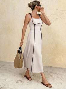 Frenchy Vestido midi con tiras anudadas y ribete de color contrastante para mujer - Albaricoque - Ver 4