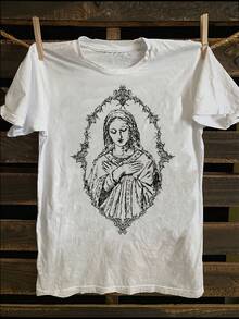 1 Unisex Short-Sleeved T-Shirt With Vintage Religious Portrait Print, 180g 100% Pure Cotton, Vintage Gift, For Valentine's Day, For All Four Seasons, With A Slightly Flared Hem. - 白色 - 查看 1