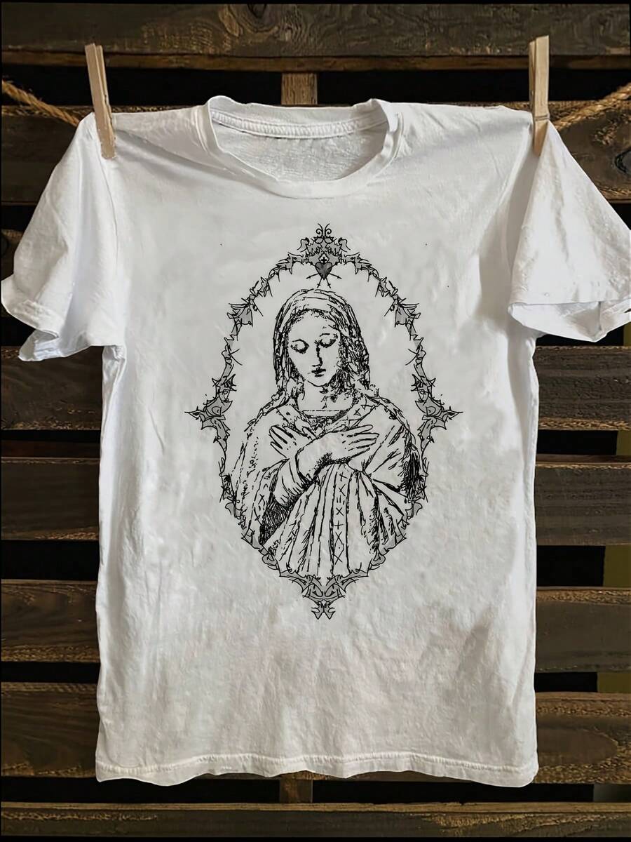 1 Unisex Short-Sleeved T-Shirt With Vintage Religious Portrait Print, 180g 100% Pure Cotton, Vintage Gift, For Valentine's Day, For All Four Seasons, With A Slightly Flared Hem. - 白色 - 查看 1