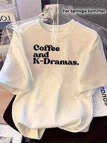 1 Korean Drama Themed T-Shirt - Short-Sleeved T-Shirt With Round Neck And Korean Drama Letter Print, Soft And Loose Fit, Suitable For Korean Drama Fans, Machine Washable Casual Wear, Ideal For Spring And Autumn, Korean Drama Merchandise, 180g 100% Cotton. - 白色 - 查看 1