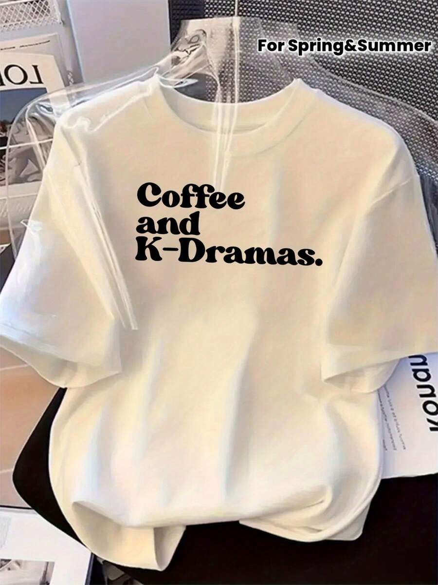 1 Korean Drama Themed T-Shirt - Short-Sleeved T-Shirt With Round Neck And Korean Drama Letter Print, Soft And Loose Fit, Suitable For Korean Drama Fans, Machine Washable Casual Wear, Ideal For Spring And Autumn, Korean Drama Merchandise, 180g 100% Cotton. - 白色 - 查看 1