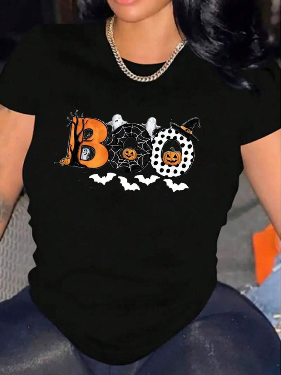 1 camiseta de manga corta casual para mujer de Halloween, 100% algodón grueso - cuello redondo cómodo, top suave y lindo, 180g de algodón 100%. - Negro - Ver 1