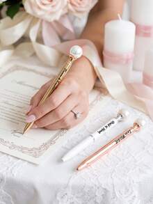 1pc Customized Text Pearl Wedding Guest Book Pen, Elegant Bridal Shower And Wedding Day Sign-In Book Ballpoint Pen With Pearl Top, Bride And Groom Wedding Guest Book Pen, Elegant Wedding Guest Book Pen - Multicolor - View 3