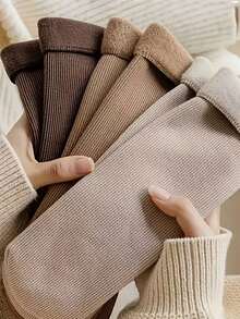3 Pairs Women's Thick Vertical Striped Snow Socks, Warm Thermal Lined, Mid-Calf Length, Solid Color, Polyester Knit, Hand Wash Only, Suitable For Outdoor And Daily Wear, Winter Sports Skiing Socks - Multicolor - View 3