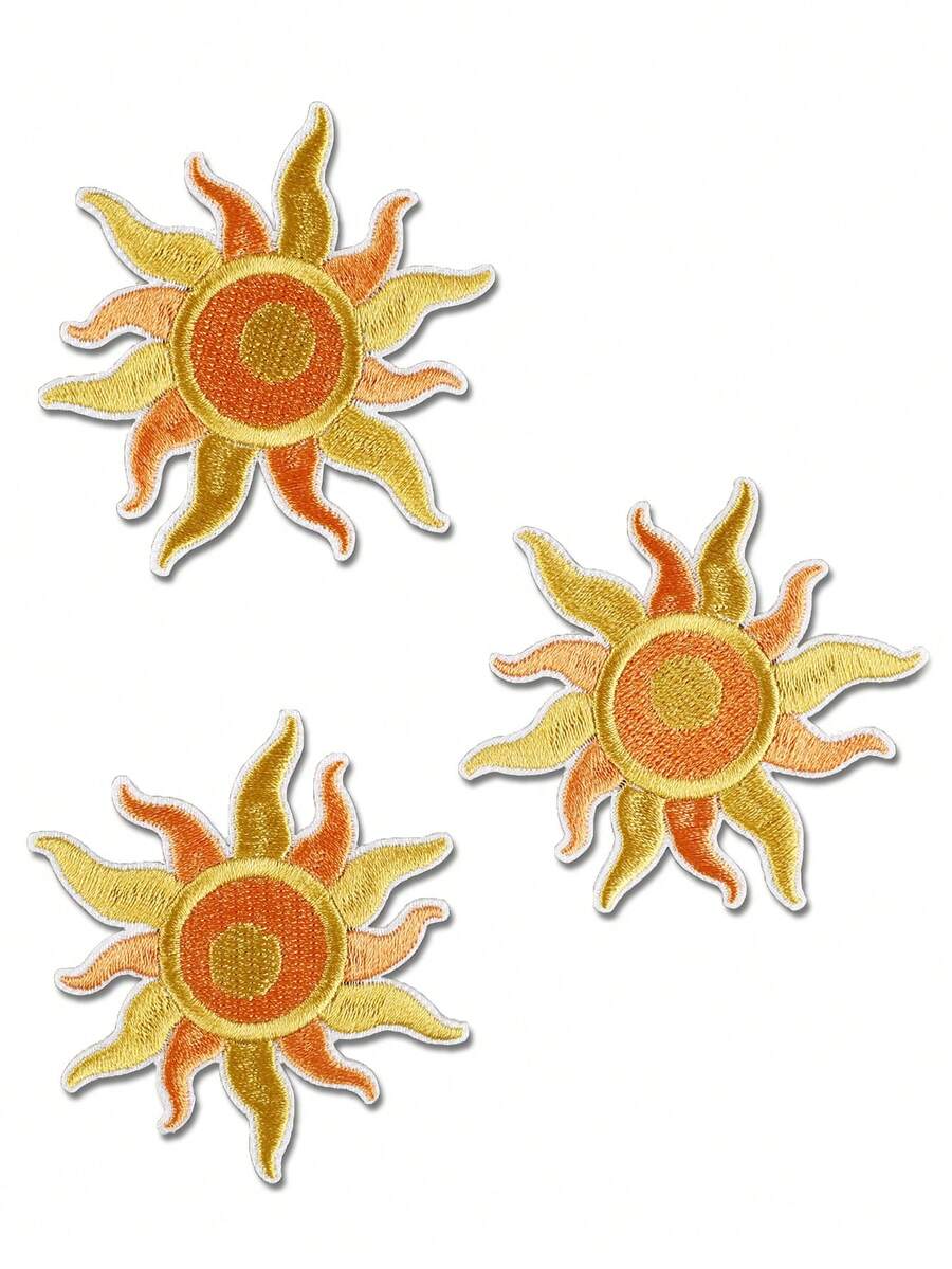3pcs Vintage Sun Pattern Embroidered Cloth Patches, Retro Element Polyester Iron-On Or Sewing Applique Trims For DIY Clothing, Bags, Shoes, Curtains, Hats, Home Decor Accessories - 3pcs Sun - View 1