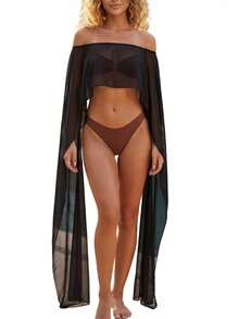 Women Sheer Mesh Long Shawl Cape Off Shoulder Poncho Tops See Through Beach Cover Up Blouses Dress Shawl Wraps - 黑色 - 查看 4