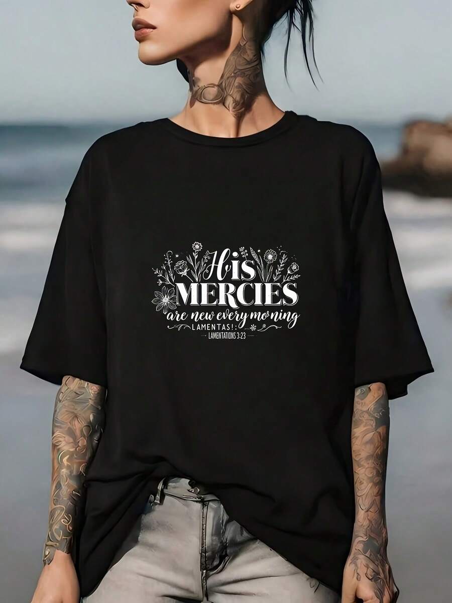 His Love Is New Every Day. Women's T-Shirt. | Inspirational Printed T-Shirt, Suitable As A Gift For Friends And Family. | The Perfect Choice For Easter Gifts, Religious Events, And Community Gatherings. New Women's Summer T-Shirt, Casual And Comfortable, With A Crew Neck. - 黑色 - 查看 1