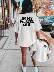 [Double-Sided Print] Vintage Style Off-Shoulder Short Sleeve T-Shirt, Plain Text, 'In And Pilates Era' Letter Print, Elegant Party Outfit, T-Shirt For Elegant Ladies, Blouses Suitable For Curvy Women, Prom Skirts, Casual Wear - 白色 - 查看 1