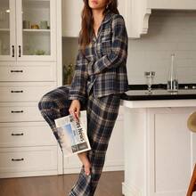 Doze Lane Cotton Fabric Plaid Casual Lapel Collar Long Sleeve Pajama Set For Women Plaid Pajamas Women Pajama Set Fall Pajamas For Women Comfy Pajama Set Checkered Pajamas Women Pajama Sets Comfy Pajama Sets Winter Pajamas Fall Clothes, Cozy And Elegant Details - Marrón - Ver 7