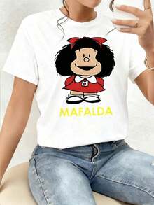Smiling Child Character In A Red Dress And Hair Bow Conveying Joy And Tenderness Against A Dark Background. Women's T-Shirt With Double Print And Comfortable Fabric To Show Off A Positive Attitude. Comfortable Clothing. - 白色 - 查看 1