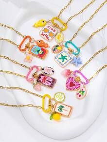 1/6 Pcs Gold Plated Paper Clip Chain Necklace With Mountaineering Buckle Pendant And Summer Theme Pendant, Resort Beach Women's Necklace Jewelry - Multicolor - View 12