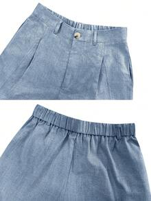 Women's Casual Linen Blend Pleated Design Side Pocket A-Line Shorts, Spring/Summer - Dusty Blue - View 5