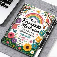 1 Cuaderno de espiral con estilo romántico francés con bolígrafo, cubierta decorada con arcoíris, flores, pájaros y texto francés, 100 páginas prácticas adecuadas para trabajo, estudio, diario, también un gran regalo para graduación, cumpleaños y otras ocasiones - B - Ver 2