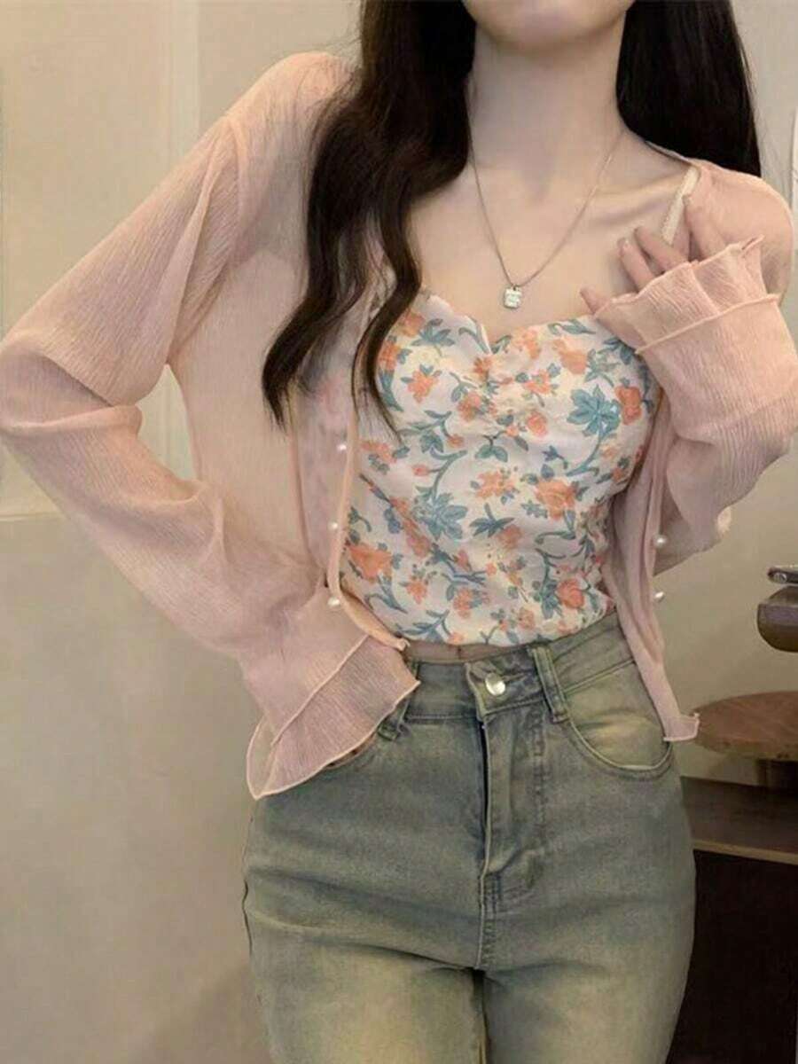 夏の婦人服コーナー：夏の韓国ファッション婦人服、優しい雰囲気のアイスシルクシフォン日焼け止めカーディガンジャケット、初夏のシックなショート丈パールボタン付きキャミソール、薄手の女性用夏の必需品、カジュアルでリラックスした雰囲気のニッチな2026年新作人気商品、着痩せ効果のあるネットセレブ人気婦人カーディガン（キャミソールは含まれません） - ピンク - チェックする 1