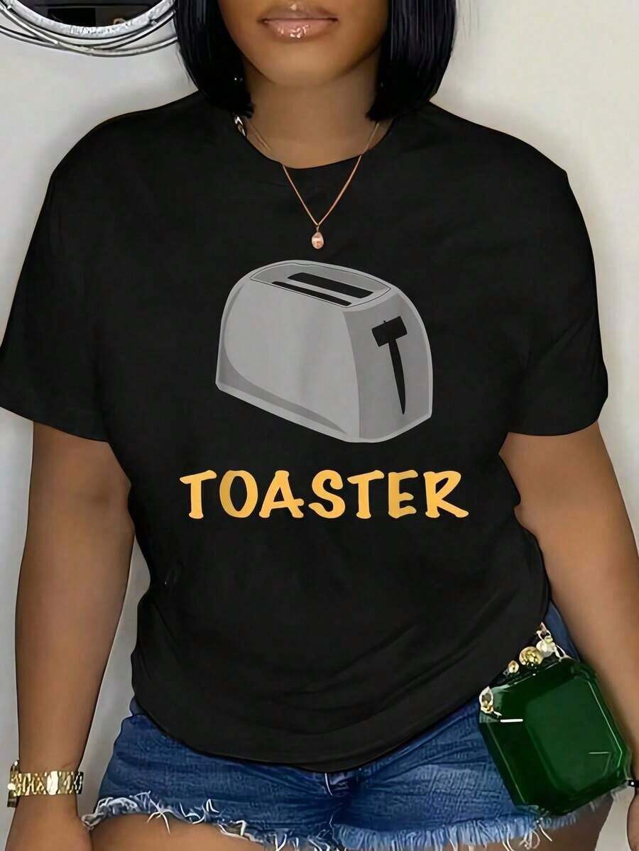 100% Cotton T-Shirt With Toaster Oven Print, Halloween Costume, Matching T-Shirt For Men And Women, Soft And Breathable, Classic Style, Summer Fashion, Round Neck, Short Sleeve, Casual For Daily Wear, Excellent Gifts For Friends And Family, 100% Cotton T-Shirts, Youthful And Modern Design, Casual Blouses For Women. - 黑色 - 查看 1