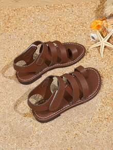 1 Pair Girls' Quality PU Thin Strap Hook And Loop Design Open Toe Flat Retro Roman Sandals, Unisex Summer Beach Shoes (Select Size Based On Foot Length Chart) - Brown - View 8