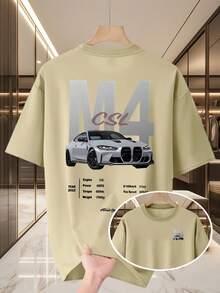 Men's Casual Summer T-Shirt, New Collection, Round Neck, Short Sleeve, Knit Fabric, Cool And Comfortable, Double-Sided "M10.16cm" Print On Front And Back, Ideal For Outdoor Activities, Printed Summer T-Shirt For Men - 杏 - 查看 6