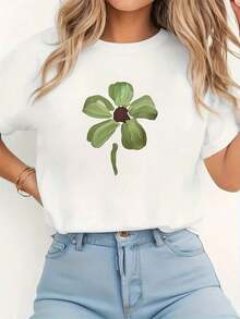 Women's Short-Sleeved Blouse With A Round Neck And Elastic Floral Print - Casual Style - Suitable For Spring, Summer, And Autumn, Machine Washable, Casual Wear And Easy To Layer. Women's Blouses > Clothing - 白色 - 查看 1