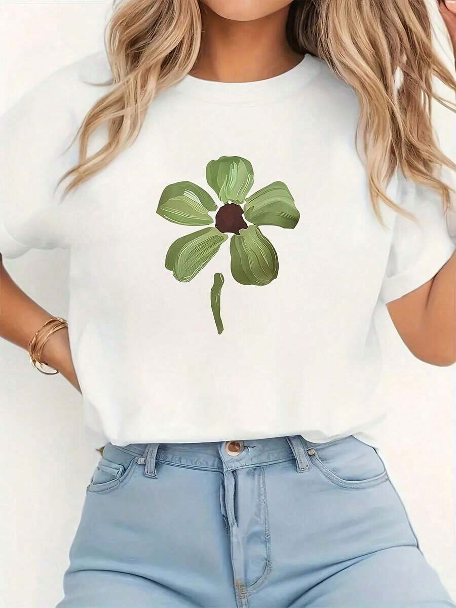 Women's Short-Sleeved Blouse With A Round Neck And Elastic Floral Print - Casual Style - Suitable For Spring, Summer, And Autumn, Machine Washable, Casual Wear And Easy To Layer. Women's Blouses > Clothing - 白色 - 查看 1