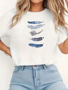 Camiseta Casual de Manga Corta para Mujer| Cuello Redondo, Tela de Alta Elasticidad, Corte Regular, Primavera/Verano/Otoño, Detalles de Apliquesblusas para mujer>ropa - Blanco - Ver 7