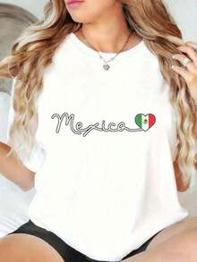 Under The Radar Women's Blouses Casual Fashion T-Shirt For Women 100% Cotton Mexico Simple Love T-Shirt With Fun Print Of The Mexican Flag And Heart In Mexico, Round Neck, Short Sleeve, Suitable For: Sporting Events/Parties/Excursions/Sports And Other Festive Gifts. Suitable For Spring, Summer And Autumn. - Unisex Loose Cotton T-Shirt With Short Sleeves And Urban Vintage Style Round Neck. - 白色 - 查看 1