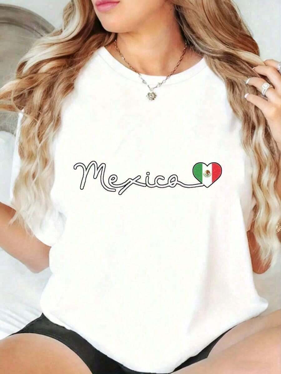 Under The Radar Women's Blouses Casual Fashion T-Shirt For Women 100% Cotton Mexico Simple Love T-Shirt With Fun Print Of The Mexican Flag And Heart In Mexico, Round Neck, Short Sleeve, Suitable For: Sporting Events/Parties/Excursions/Sports And Other Festive Gifts. Suitable For Spring, Summer And Autumn. - Unisex Loose Cotton T-Shirt With Short Sleeves And Urban Vintage Style Round Neck. - 白色 - 查看 1