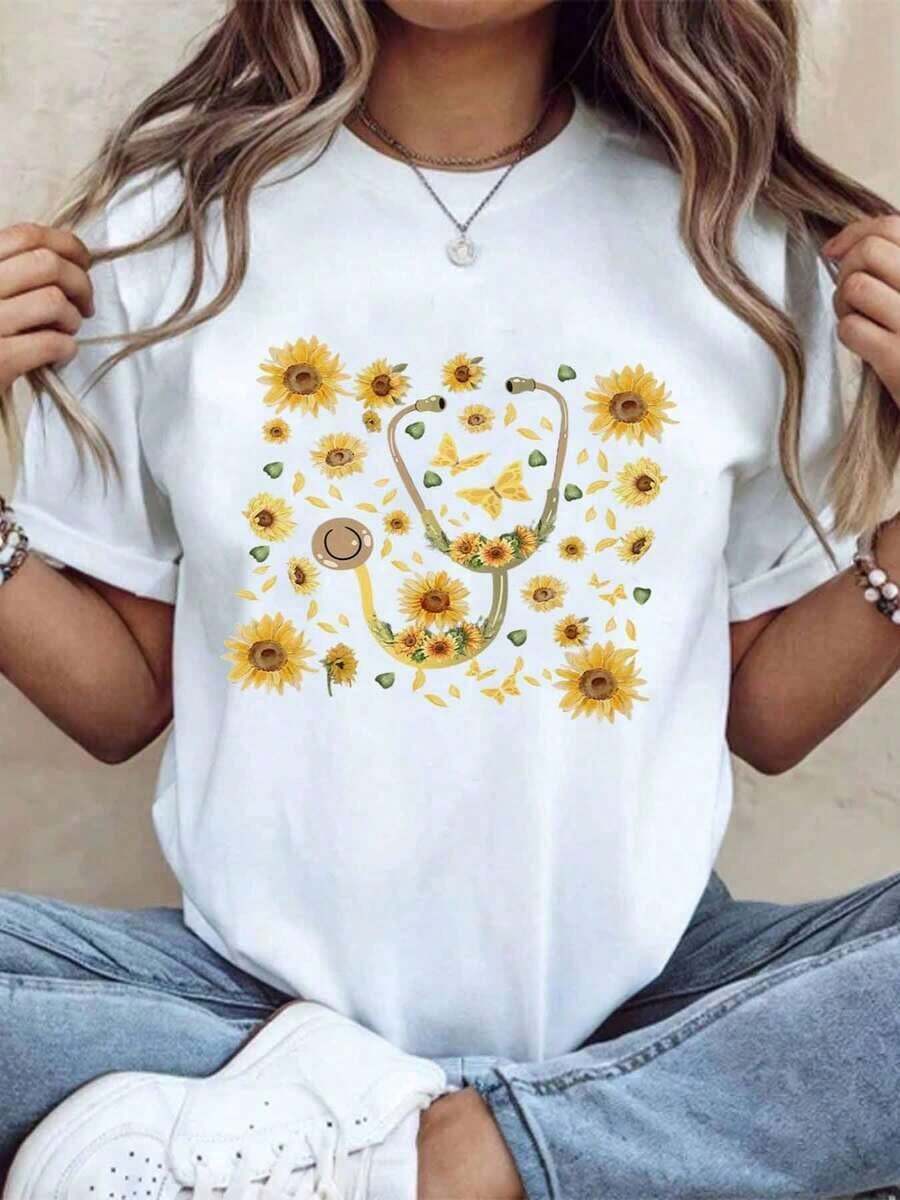 Women's Cotton Sunflower Stethoscope Nurse T-Shirt Medical Professional Flower Design Tee For Women Doctors Nurses Healthcare Workers Gift, Basic Women's Blouses - 白色 - 查看 1