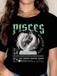 Women's Cotton T-Shirts, Pisces Zodiac Sign T-Shirt, Psychic Astrology Design, Creative, Sensitive, Artistic, Fish Symbol Graphic T-Shirt For Women And Men, Casual Wear, Birthday Gift For Pisces Lovers, Basic Women's Blouses. - 黑色 - 查看 7