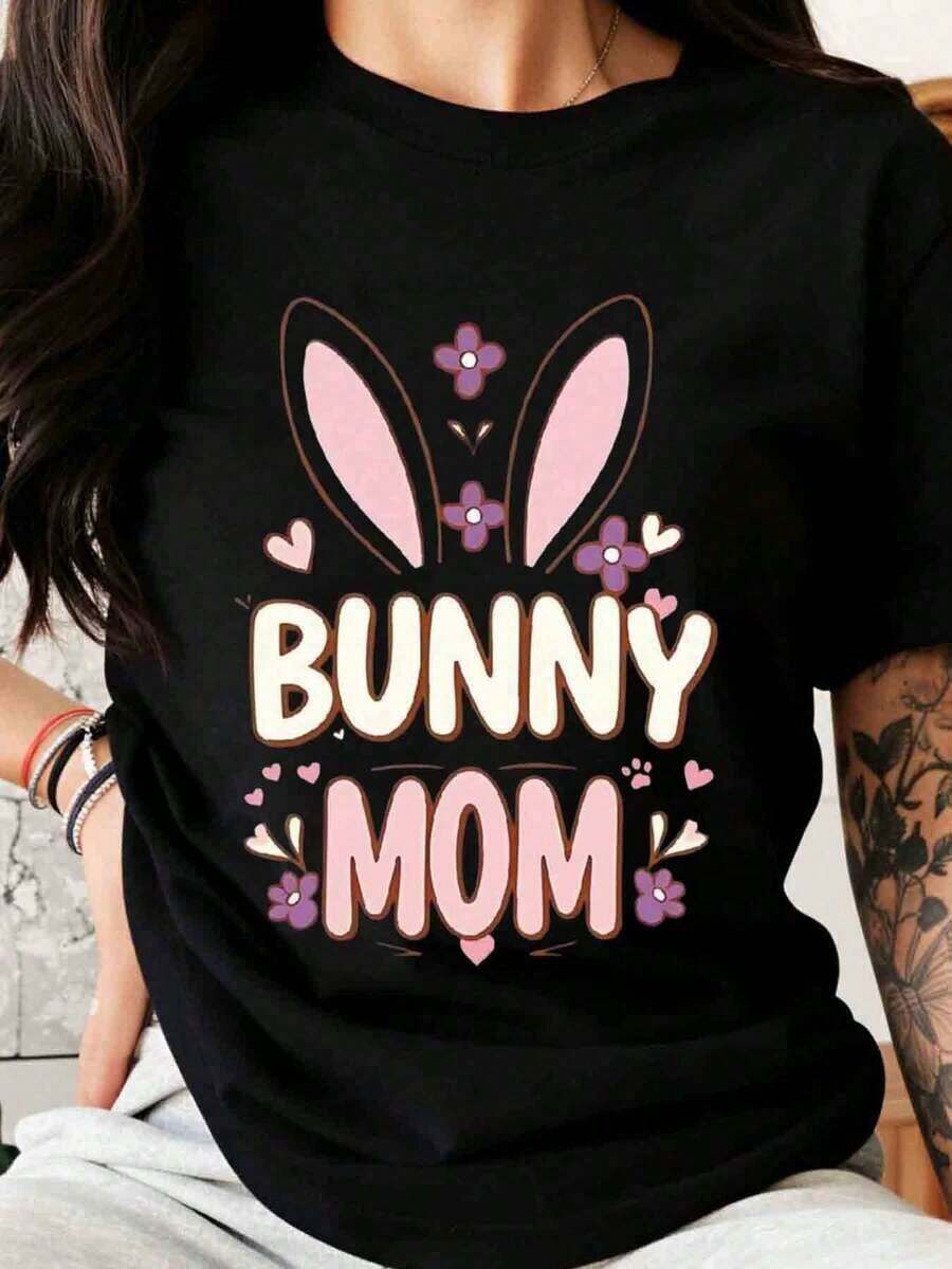 Women's Easter T-Shirt With Bunny Ears Design And Floral Heart Print, For Spring Celebration, Gift For Mom - 黑色 - 查看 1