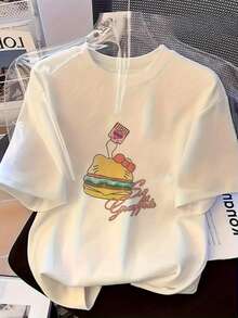 Women's Casual T-Shirt With Hamburger Graffiti Design - White, Round Neck, Loose Fit And Short Sleeves, With A Fun Hamburger Design, Suitable For Spring And Summer, Fun Printed Top, Comfortable Fit, Short Sleeve Round Neck T-Shirt For Women, 1 Piece, Made Of Cotton. - 白色 - 查看 1