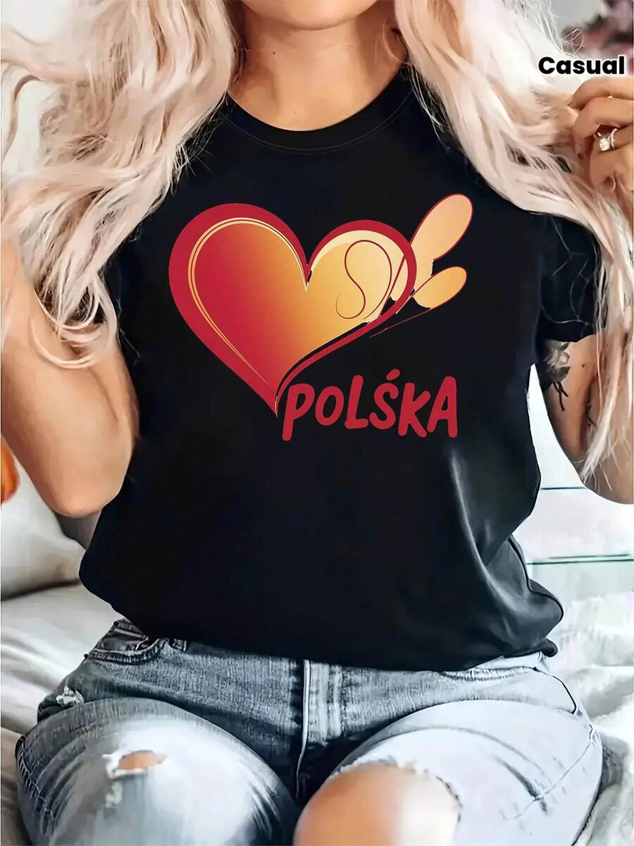 Women's T-Shirt With Gradient Polish Heart Print - Polish Flag, Suitable For Polish Independence Day And National Gatherings, Casual Short Sleeve T-Shirt With Polish Print, Spring/Summer Daily Wear For Themed Events And Everyday Outfits. Suitable For Spring, Summer, And Autumn. - 黑色 - 查看 1