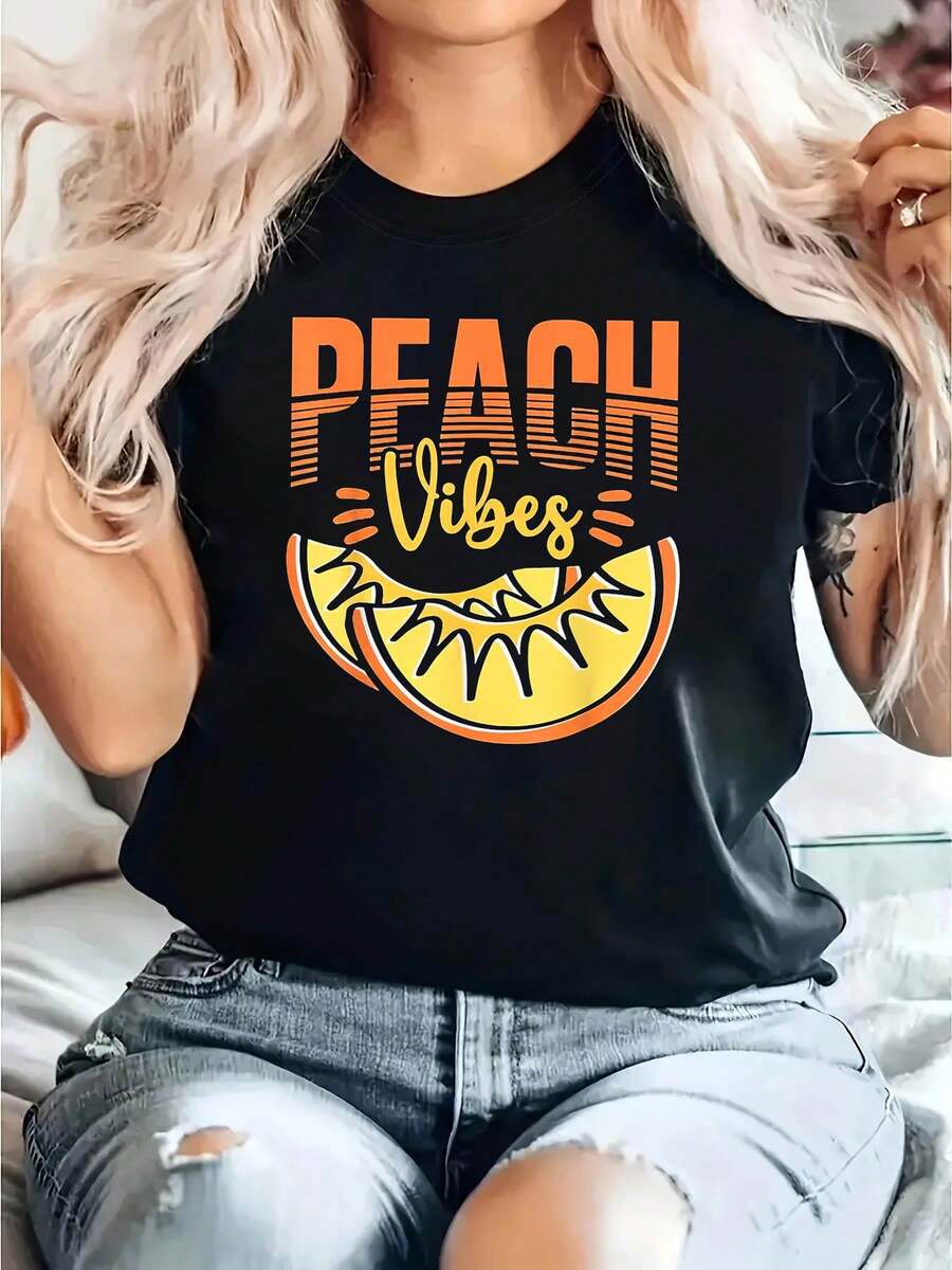 Women's PEACH Vibes Fun Fruit Print T-Shirt, Short Sleeve Crew Neck Casual Tee For Spring/Summer, Everyday Casual Wear, Holiday Gift - Unisex Loose Cotton Short Sleeve Crew Neck Urban Vintage Style T-Shirt. - 黑色 - 查看 1