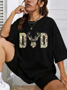 Women's Short-Sleeved Cotton T-Shirts With A Graphic Deer Head Print, Casual Summer Outdoor Tee, Perfect Gift For Her. Features A Round Neck, Printed Design, And Is Suitable For Everyday Wear. These T-Shirts Make Excellent Gifts For Friends And Family. Made From 100% Cotton, They Offer A Youthful And Fashionable Design. - 黑色 - 查看 1