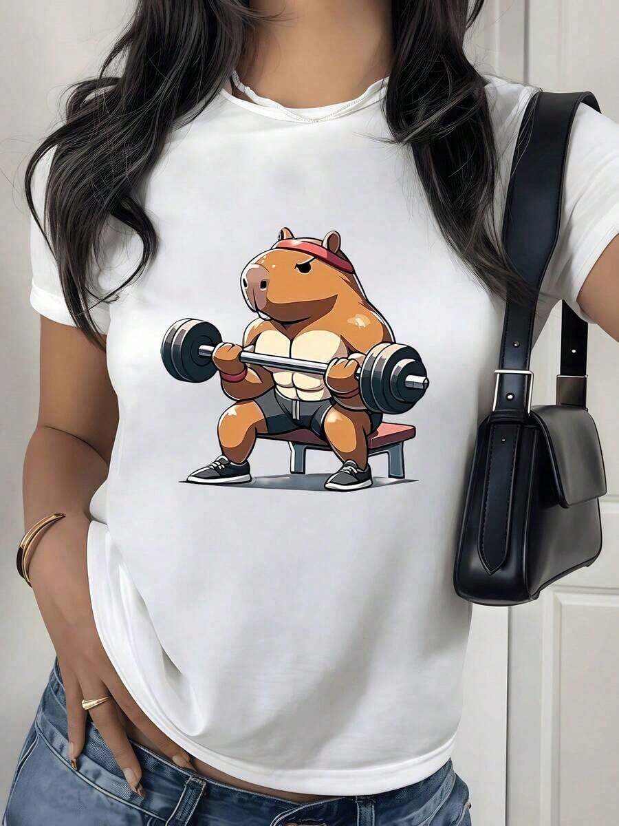 100% Cotton. Muscular Capybara Lifting Weights Symbolizes Inner Strength And A Positive Attitude To Overcome Daily Challenges. Women's 100% Cotton T-Shirt, Comfortable And Fun For Casual Wear. Women's Simple Solid Color T-Shirt, Loose And Slim Fit Casual Short Sleeve - 白色的 - 查看 1