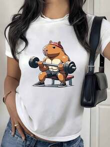 100% Cotton. Muscular Capybara Lifting Weights Symbolizes Inner Strength And A Positive Attitude To Overcome Daily Challenges. Women's 100% Cotton T-Shirt, Comfortable And Fun For Casual Wear. Women's Simple Solid Color T-Shirt, Loose And Slim Fit Casual Short Sleeve - 白色的 - 查看 9
