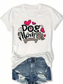 Casual T-Shirt: A Casual Short-Sleeved, Crew-Neck T-Shirt For Women, Featuring A "Dog Mom" Design With Hearts, Paw Prints, And Bones. It's Stylish And Unique, Perfect For Everyday Wear In Spring And Summer. 100% Cotton. Durable. - 白色 - 查看 1