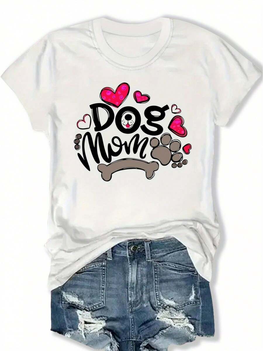 Casual T-Shirt: A Casual Short-Sleeved, Crew-Neck T-Shirt For Women, Featuring A "Dog Mom" Design With Hearts, Paw Prints, And Bones. It's Stylish And Unique, Perfect For Everyday Wear In Spring And Summer. 100% Cotton. Durable. - 白色 - 查看 1