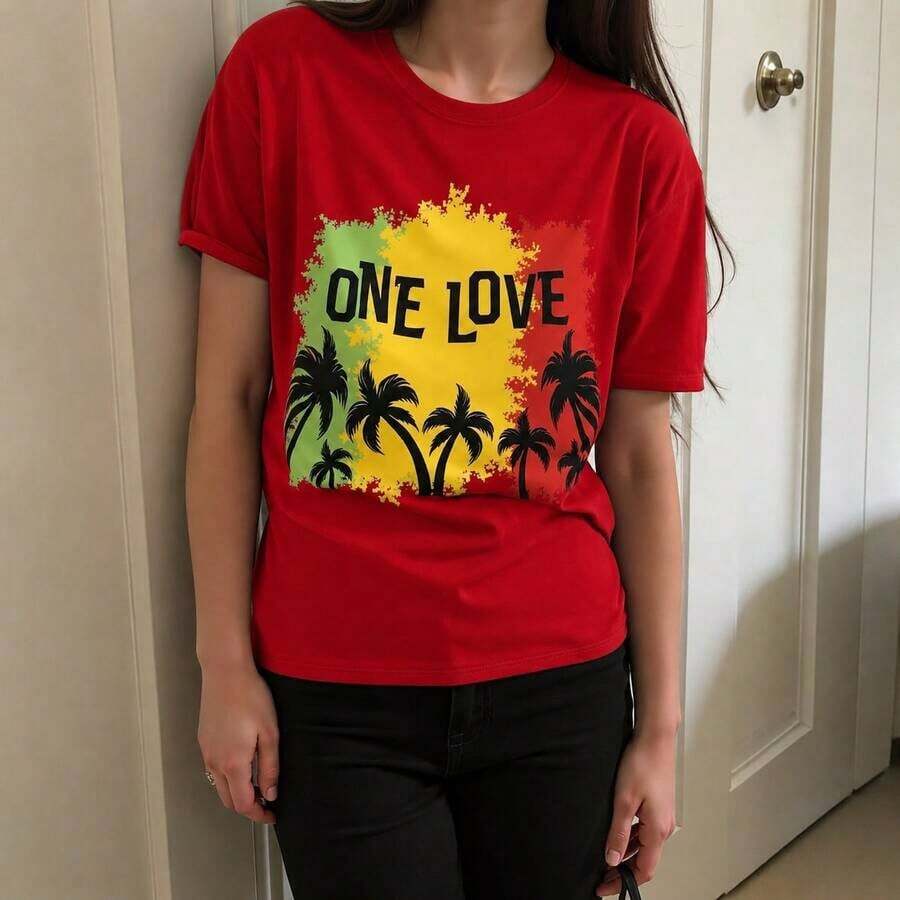 GiftCoconut Round Neck T-Shirt With Coconut Tree Print, Casual Short Sleeve T-Shirt For Spring And Summer, Soft Women's Clothing - 紅色 - 查看 1