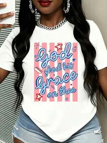 Camiseta de cuello redondo a la moda con rayas rosas y texto azul "God Shed His Grace On Thee", decorada con estrellas y diseño de cupcake. Adecuada para usar en primavera y verano. Regalo ideal para amigos, familiares u ocasiones religiosas. Perfecta para salidas informales y actividades ligeras. Uso diario. - Blanco - Ver 6