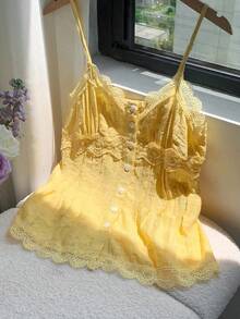 Top de Verano para Mujer con Diseño de Botones y Encaje en Color Sólido - Amarillo - Ver 2