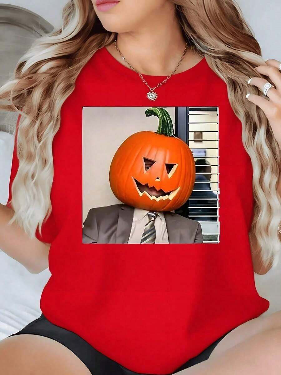 100% Cotton. Carved Pumpkin Figure With A Sinister Smile On A Body In A Formal Suit, Evoking Humor And Mystery. Women's T-Shirt, 100% Cotton, 220g. Women's Simple Solid Color T-Shirt, Loose And Slim Fit Casual Short Sleeve - 紅色的 - 查看 1