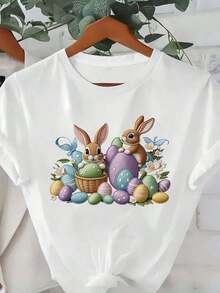 1 Piece Women's T-Shirt With Easter Bunny Embroidery, Colorful Eggs And Spring Flowers, Cotton Style, High Quality Fabric, Soft And Comfortable For Outdoor Use, Home Or Workouts, Perfect Gift Option, 180g 100% Cotton. - 白色 - 查看 7