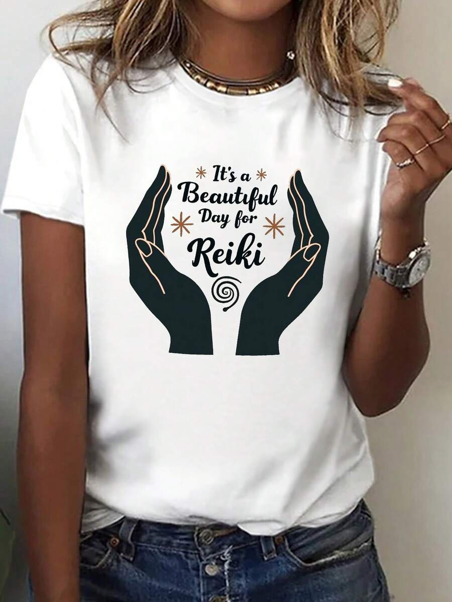 Camiseta de verano premium para mujer con estampado "Hay magia en los buenos días" - Top casual verde de manga corta y cuello redondo, con símbolos geométricos de energía, lavable a máquina, adecuada para primavera y verano, camiseta de mujer con elasticidad media. - Blanco - Ver 1