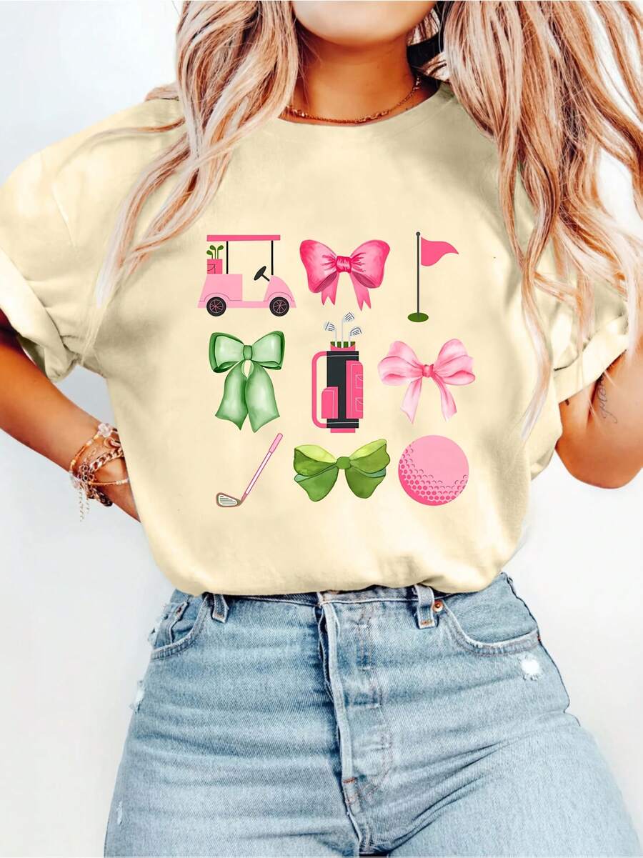 Women's Premium Printed Summer T-Shirt - Women's Cartoon Print Golf T-Shirt - Casual Summer Short Sleeve Round Neck Top, Regular Fit, Knit Fabric, Weight 180 Grams. - 杏色 - 查看 1