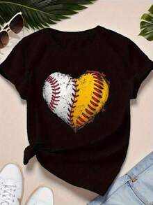 Women's Loose-Fitting T-Shirt, Casual Printed T-Shirt With "Vintage Heart - Shaped Baseball & Softball" Design, Suitable For All Seasons, Everyday Wear T-Shirt, Ideal Gift, Fashionable Choice. - 黑色 - 查看 1