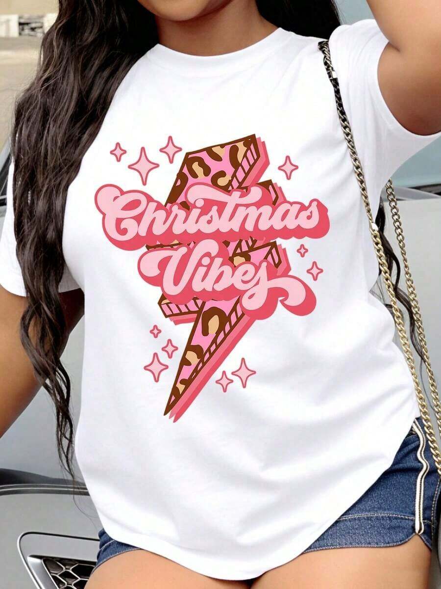 Women's T-Shirt With Pink Leopard Print And Christmas Branch Design, Fashionable Festive T-Shirt For Women, Christmas Gift Idea - 白色 - 查看 1